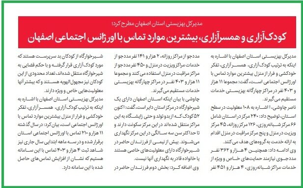 در رسانه| کودک آزاری و همسرآزاری، بیشترین موارد تماس با اورژانس اجتماعی اصفهان
