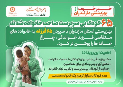 اینفوگرافیک|خبر خوب از بهزیستی مازندران؛ ۶۵ کودک بی سرپرست صاحب خانواده شدند