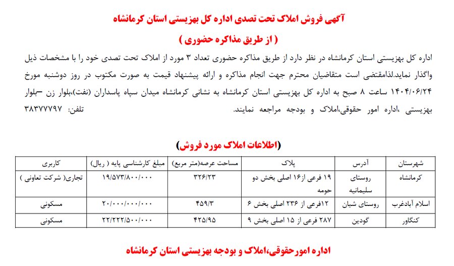 فروش املاک تحت تصدی بهزیستی استان کرمانشاه