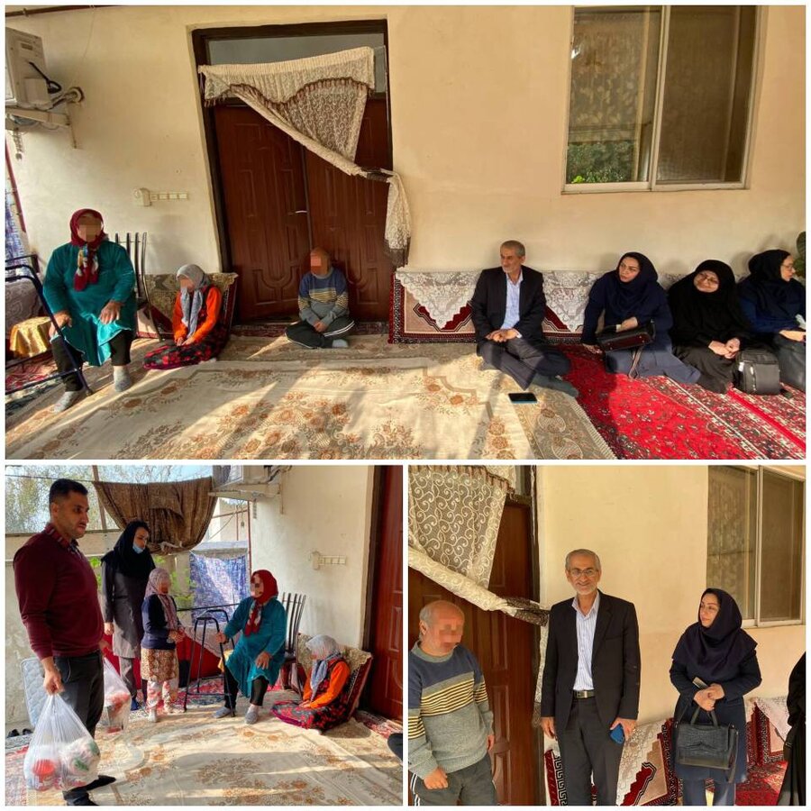 صومعه سرا | بازدید مسئولان بهزیستی صومعه‌سرا از خانواده چهار معلوله و اهدای سبد کالا