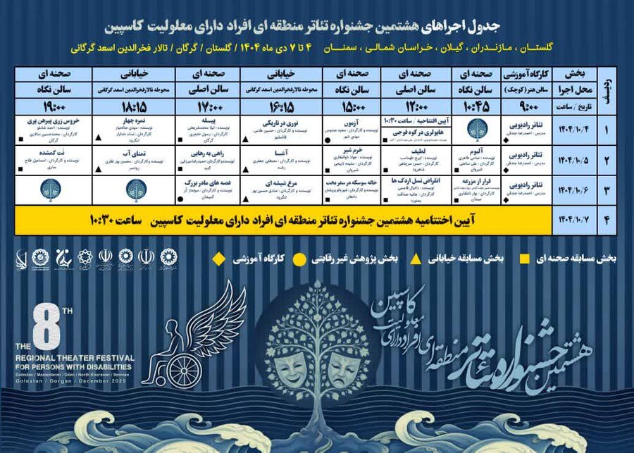 جدول اجراهای آثار راه‌یافته به هشتمین جشنواره منطقه‌ای تئاتر افراد دارای معلولیت (کاسپین) اعلام شد