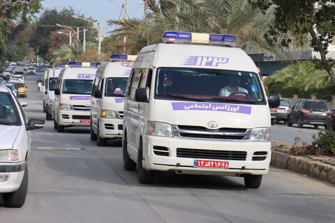 حرکت نمادین خودروهای اورژانس اجتماعی ۱۲۳ در بوشهر؛ تجلی خدمت‌رسانی به کرامت انسانی در دهه فجر