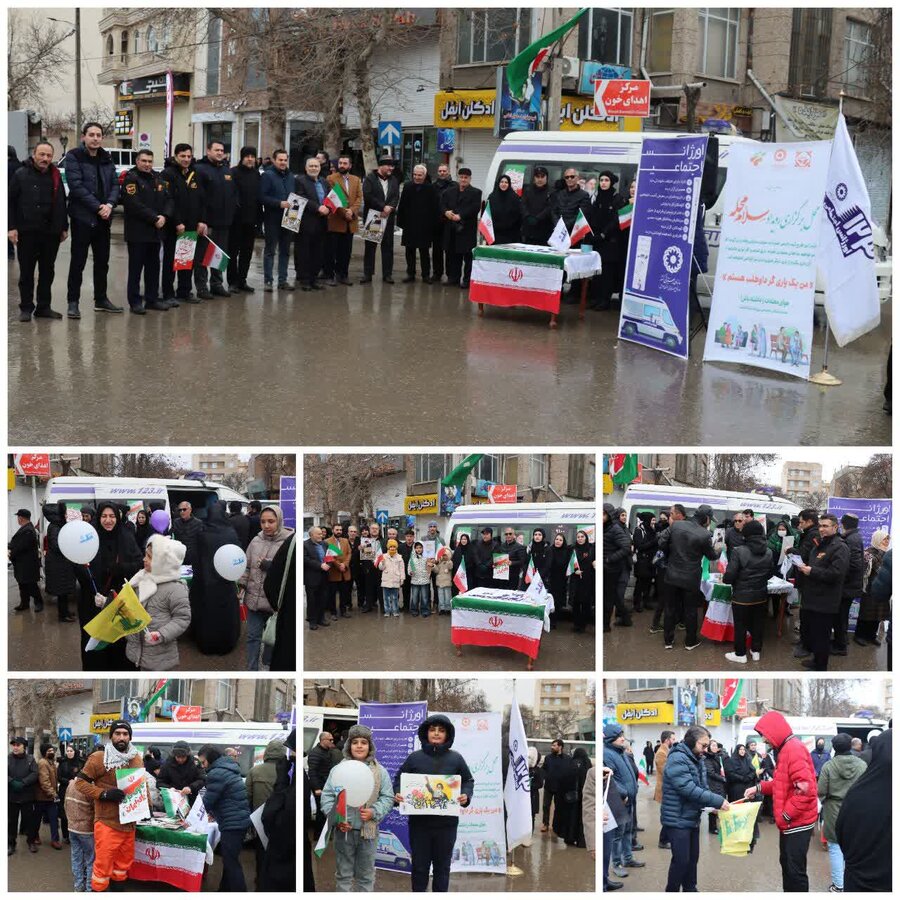 نیر| برپایی میز خدمت و پویش سلام محله بهزیستی شهرستان نیر در مسیر راهپیمایی ۲۲ بهمن