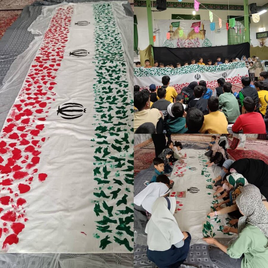  نقاشی پرچم جمهوری اسلامی ایران توسط افراد دارای معلولیت تحت پوشش بهزیستی بشرویه در حاشیه مراسم جنگ شادی روستای رقه