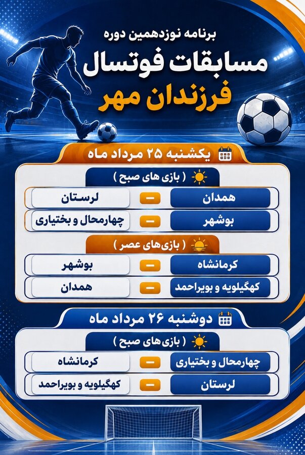 برنامه رقابتهای فوتسال فرزندان مهر در همدان اعلام شد