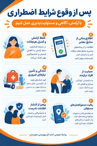 اینفوگرافیک|پس از وقوع شرایط اضطراری؛ با آرامش، آگاهی و مسئولیت‌پذیری عمل کنیم