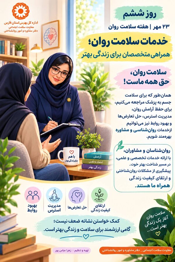 ۲۳ مهر | هفته سلامت روان

شعار روز ششم : خدمات سلامت روان؛ همراهی متخصصان برای زندگی بهتر